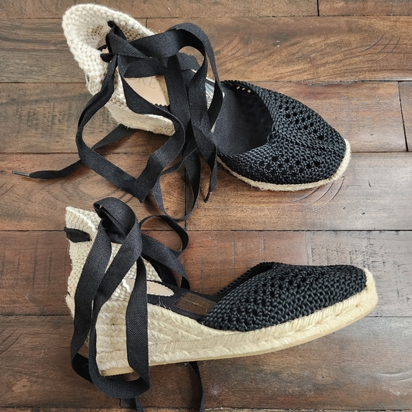 NWT J.Crew Black Crochet Lace-Up Espadrille Wedge Shoes Sz6.5 Euro Summer Casual - Picture 12 of 13